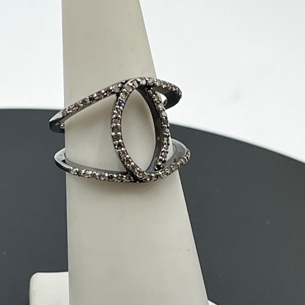 Sterling Silver Interlocking Oxidized Pave Set Dark Metal Diamond Ring Sz‎ 6.5